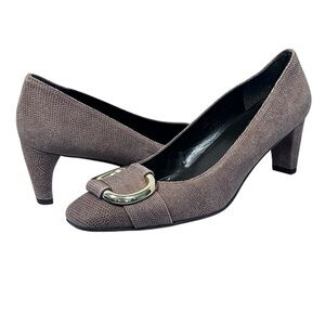 STUART WEITZMAN The Tube Textured Brown Napa Gold Buckle Square Toe Pumps Sz 7.5